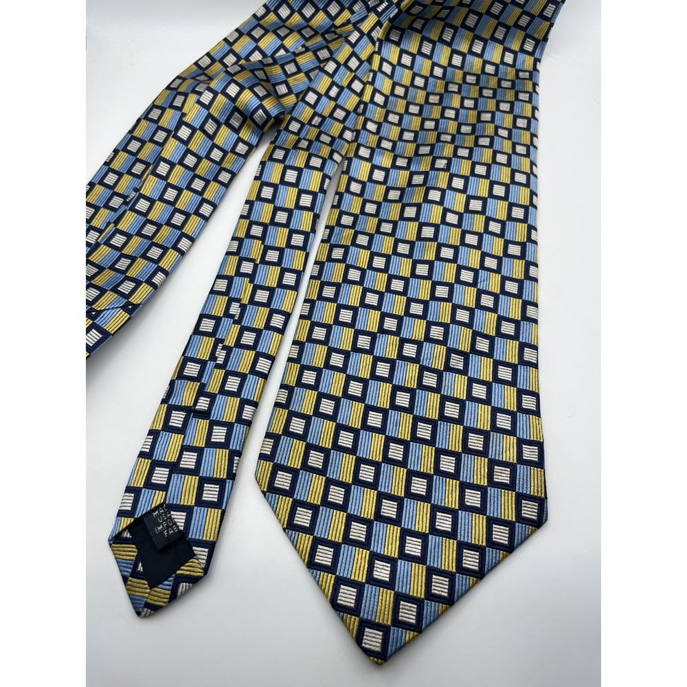 Jos. A. Bank Mens Silk Necktie Blue Gold White Geometric Square Pattern USA Made